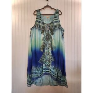 One World Live Women's Blue Green Ombre Boho Embellished Maxi Shift Dress 3X